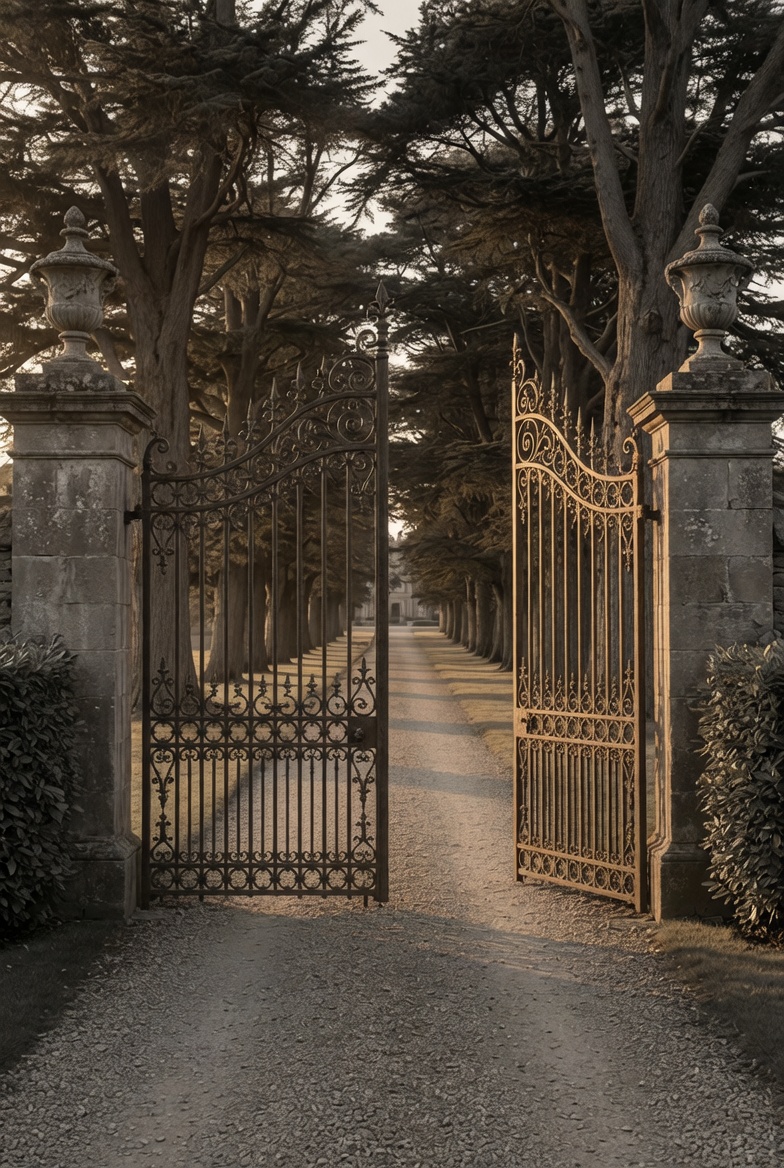 Open wrought-iron gate at the entrance to a private estate